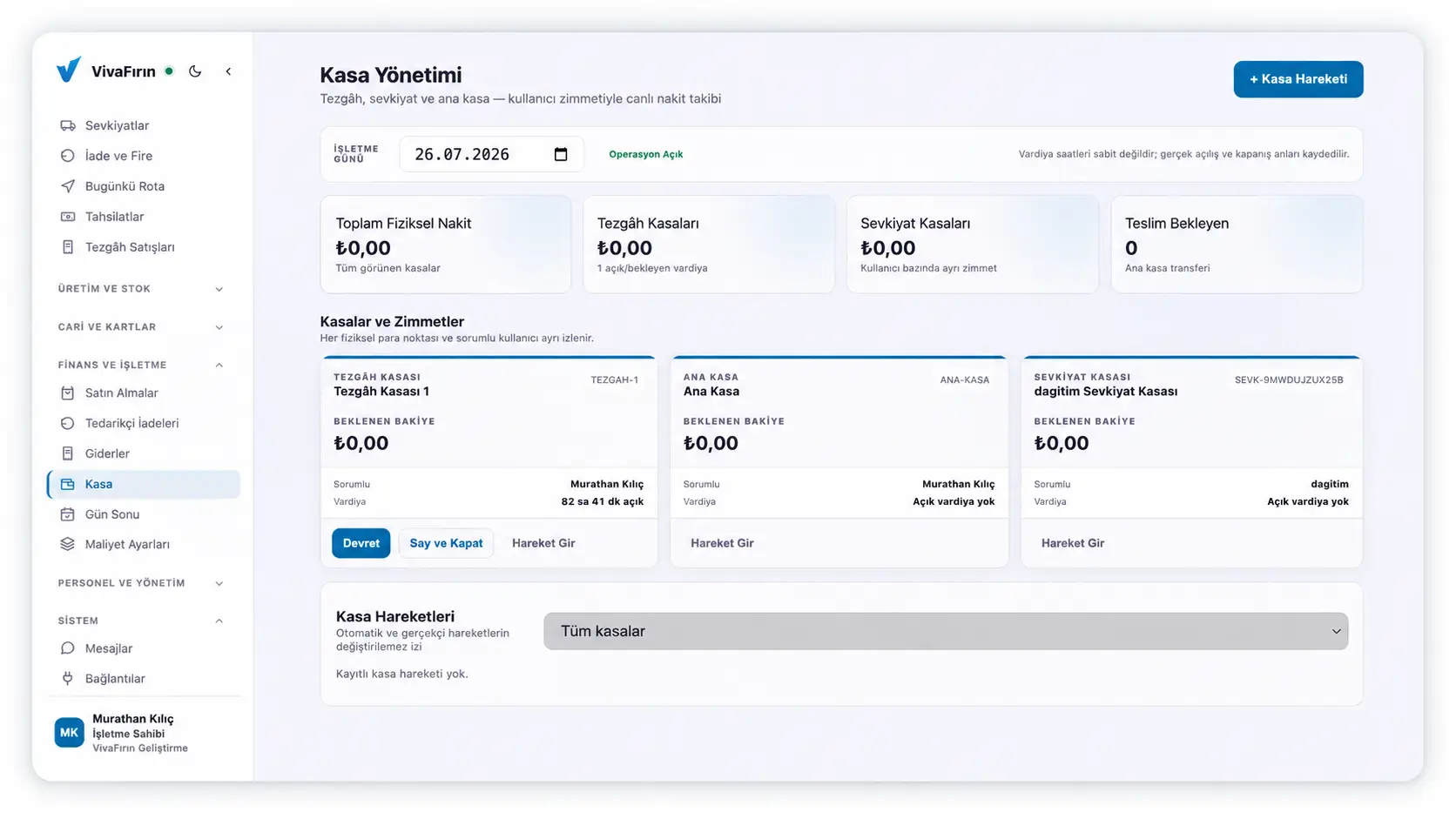 VivaFırın Cash Management screen