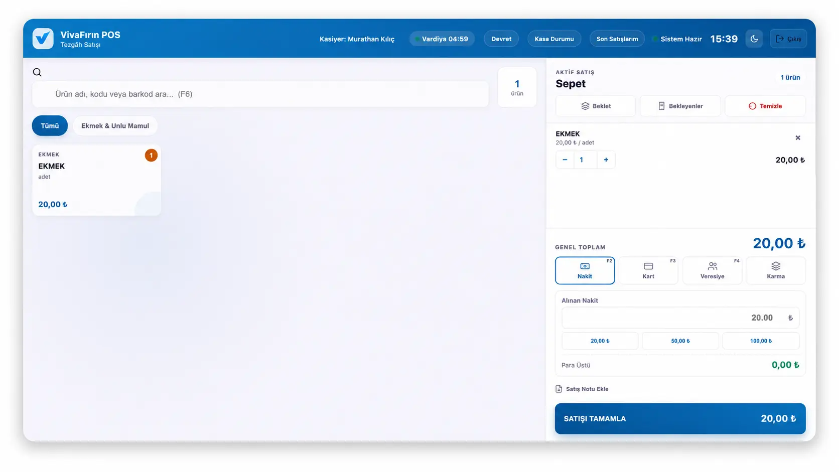 VivaFırın POS — Counter sales screen