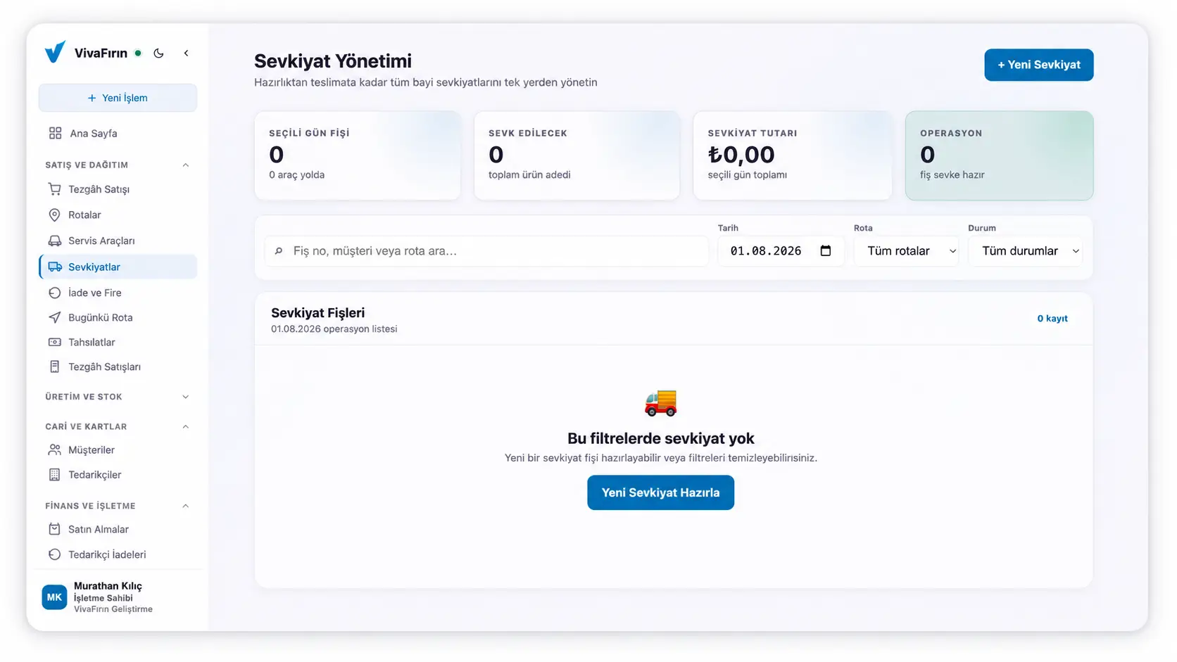 VivaFırın Delivery Management screen